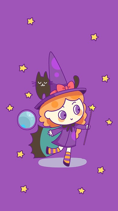 万圣节魔女手绘插画萌系手机壁纸