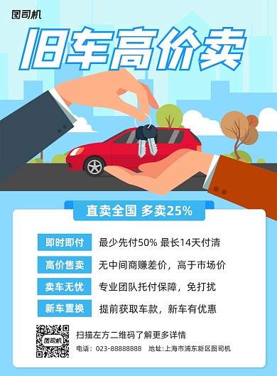 二手车出售蓝色简约宣传海报