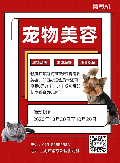 宠物美容红色简约宣传海报