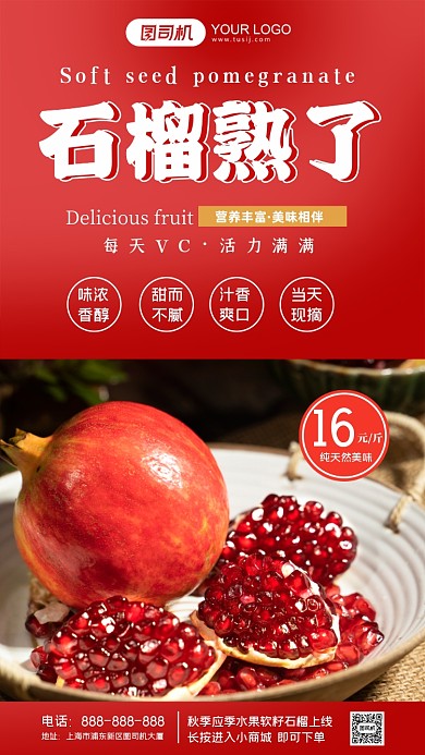 秋季水果软籽石榴上线优惠手机海报