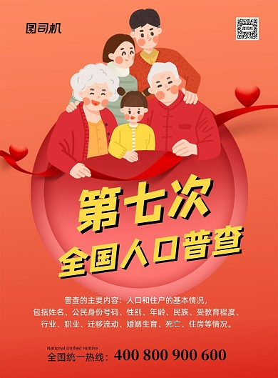 人口普查红色卡通印刷海报