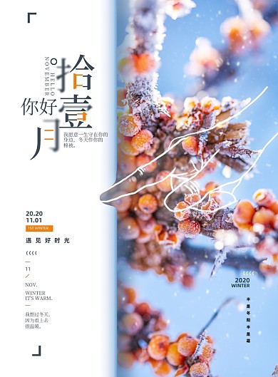 冬季简约唯美你好11月宣传海报