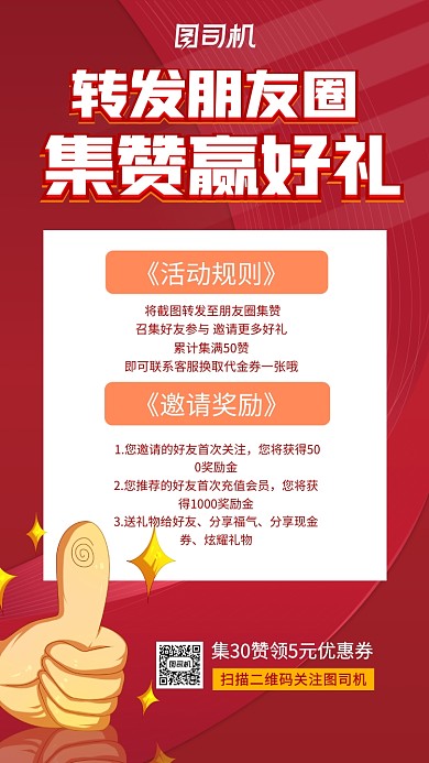 集赞宣传转发朋友圈红色卡通手机海报