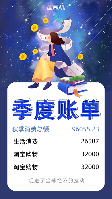 季度账单消费额度卡通风手机海报