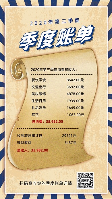 季度账单复古风账单费用统计手机海报
