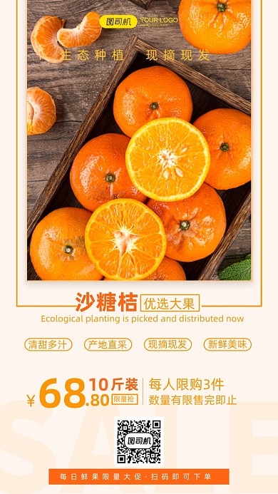 沙糖桔当季水果限时特惠简约手机海报