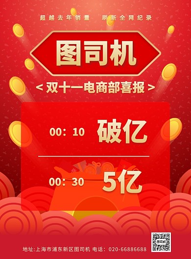 喜报电商双十一红色印刷海报