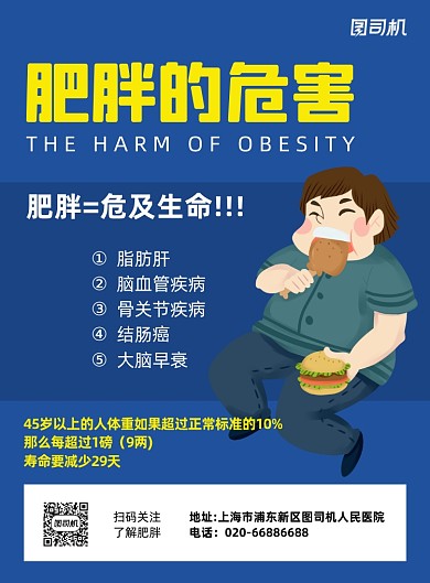 肥胖的危害健康蓝色卡通印刷海报