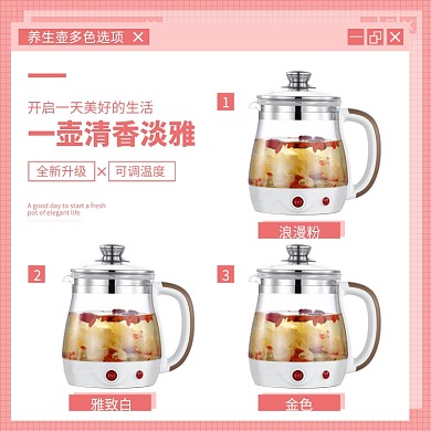 家电养生壶热水壶拼图多色展示简约主图