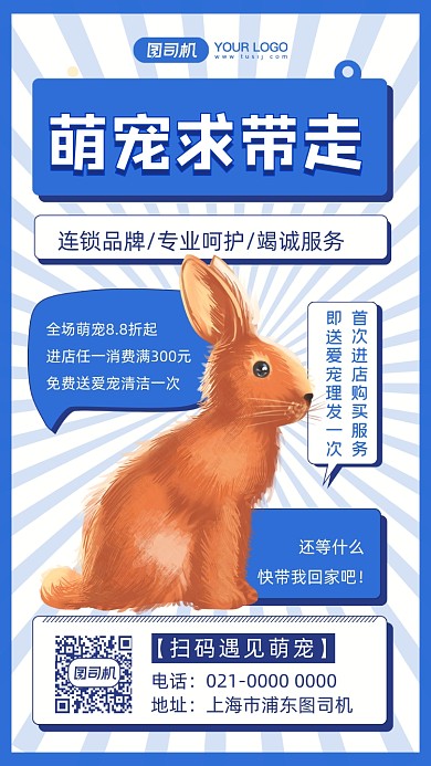 萌宠兔子宠物宣传插画手机海报