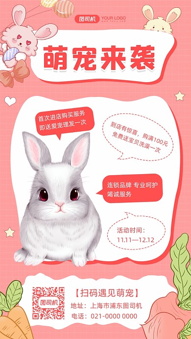 萌宠兔子宠物宣传插画手机海报