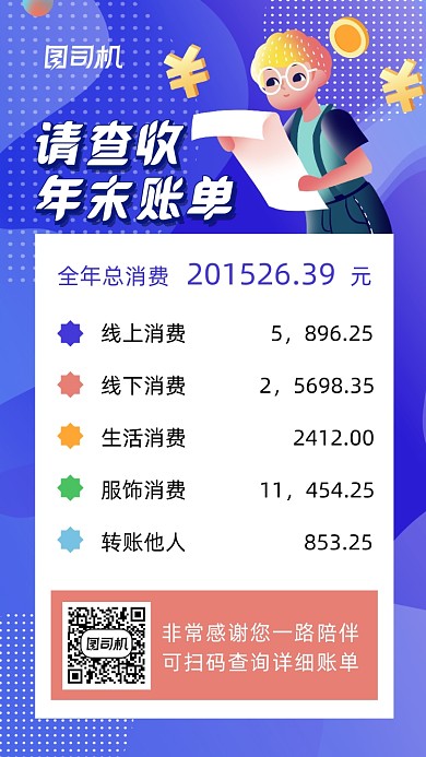 年末账单卡通风手机海报