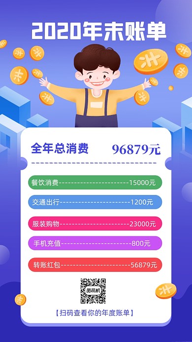年末账单手绘卡通手机海报
