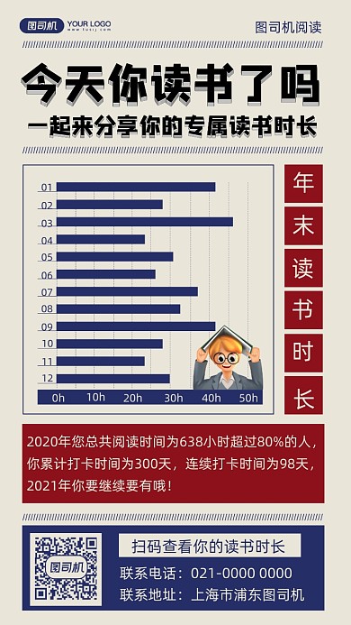 读书时长年末数据统计日报风手机海报