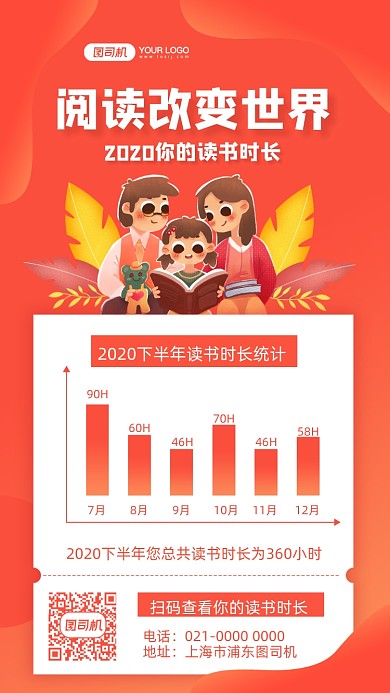 读书时长年末数据统计插画手机海报