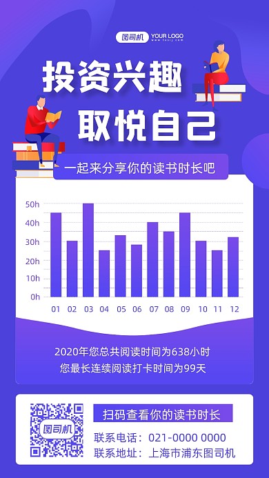 读书时长年末数据统计插画手机海报