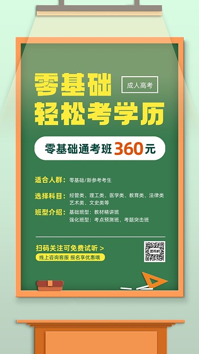 成人高考课程介绍卡通手机海报