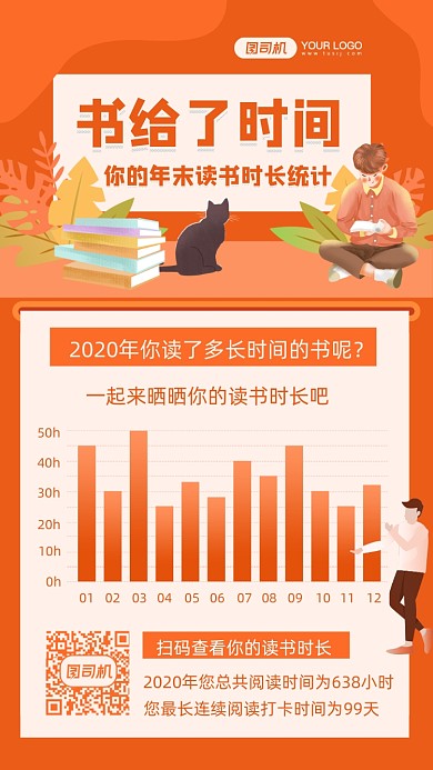 读书时长年末数据统计插画手机海报