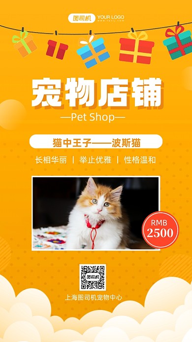 宠物商店波斯猫时尚简约手机海报