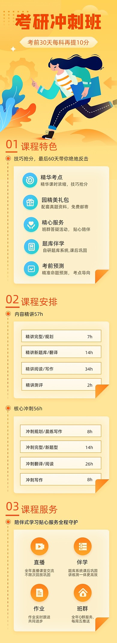橙色卡通手绘考研冲刺班课程详情页