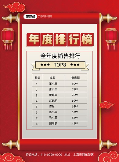 年度排行榜红色喜庆灯笼印刷海报