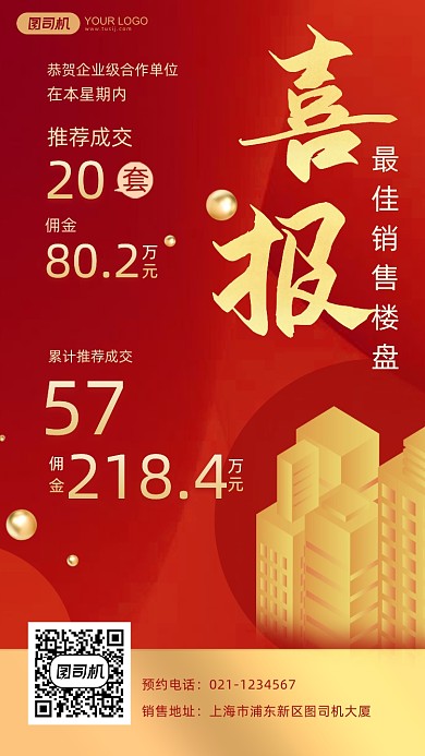 地产销售喜报贺报业绩展示红色手机海报