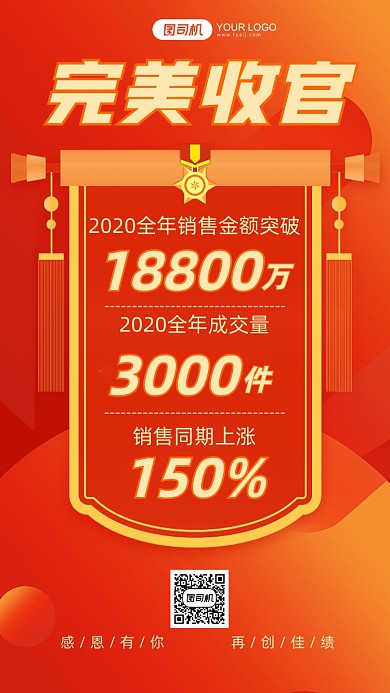 全年销售业绩战报红色渐变锦旗手机海报