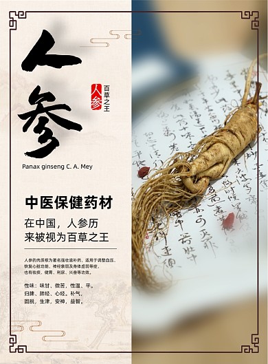 中药中国风百草之王人参功效印刷海报