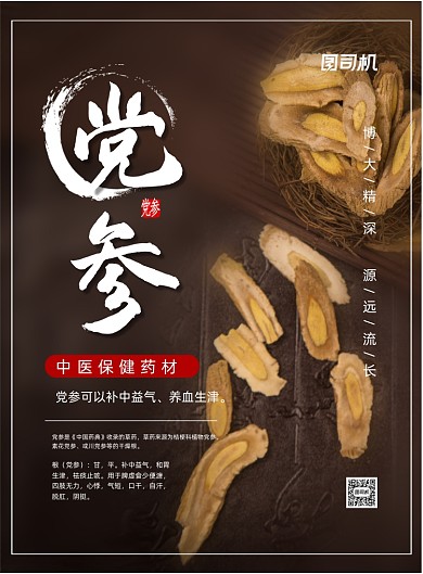 中药棕色简约党参功效印刷海报