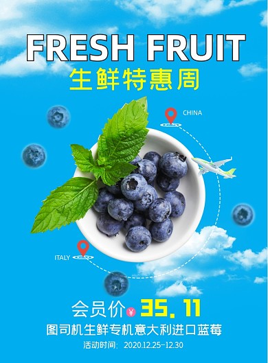 水果蓝色时尚生鲜特惠蓝莓促销海报