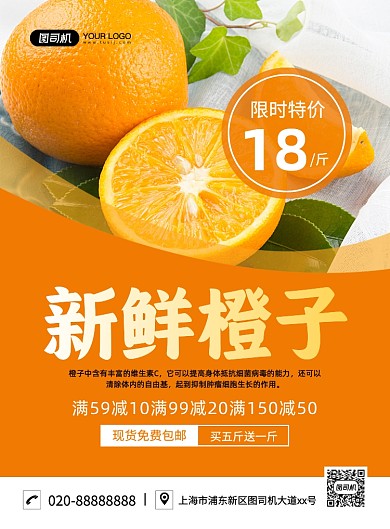 新鲜橙子促销大气简约宣传印刷海报