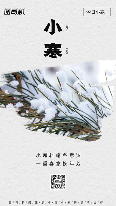 小寒节气冬天寒冷雾凇水墨写实手机海报