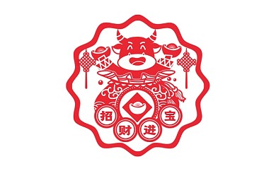 招财进宝新年剪纸风标签不干胶