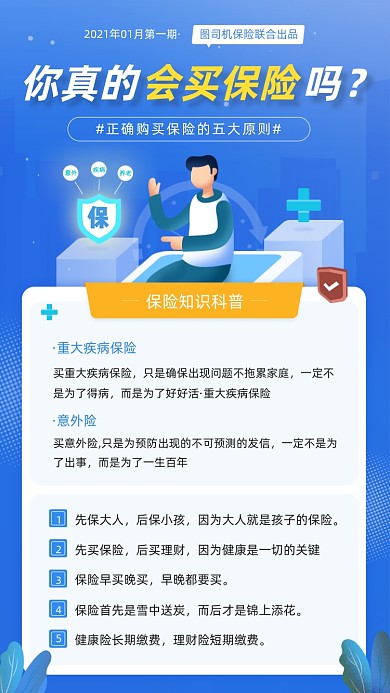 保险知识科普蓝色简约插画手机海报