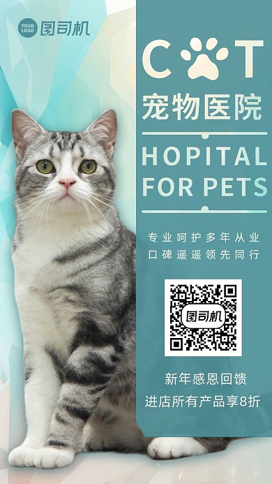 宠物医院活动猫咪蓝色手机海报