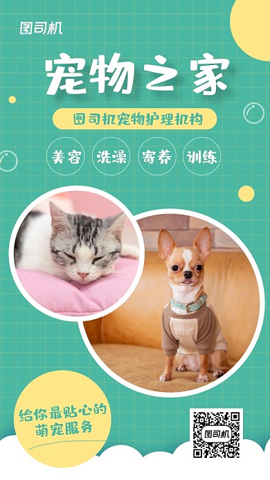 宠物寄养宠物美容绿色可爱简约手机海报