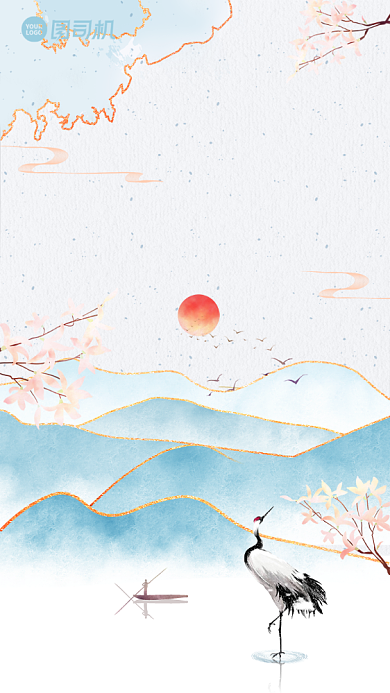 丹顶鹤欧式镶金水墨画手机壁纸背景