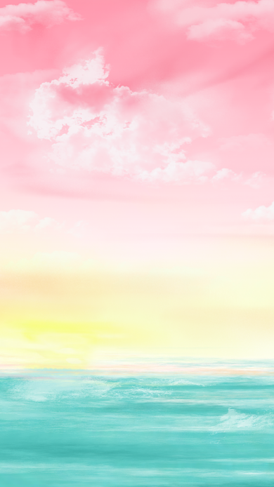 黄昏海平面粉色天空云朵插画手机壁纸背景