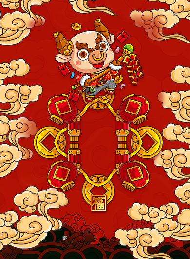 新年卡通插画牛年贺年节日宣传海报背景
