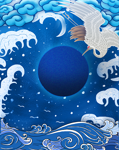 国潮风格大气蓝色仙鹤海浪竖版海报背景
