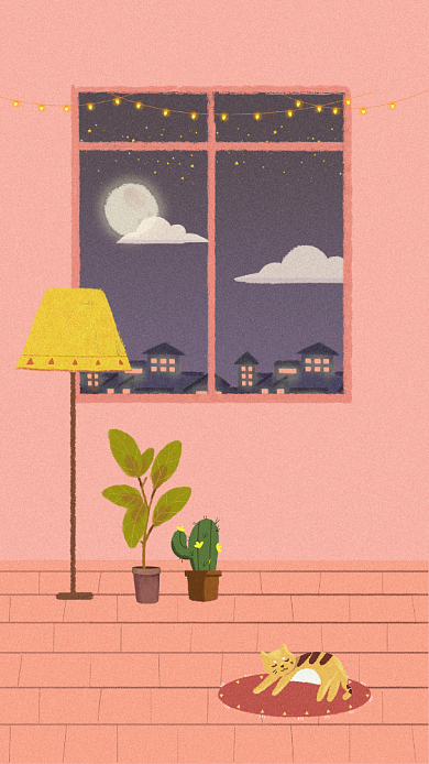 房间一角插画浪漫粉色手机壁纸背景