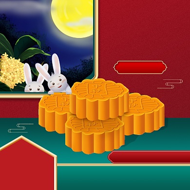 中国风零食食品特产月饼月亮兔子主图背景