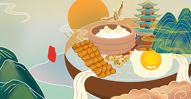 手绘卡通风味美食小笼包串串海报背景