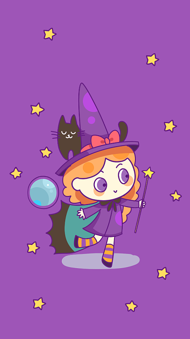 万圣节魔女手绘插画萌系手机壁纸背景