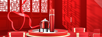 C4D红色喜庆过年美妆促销海报背景