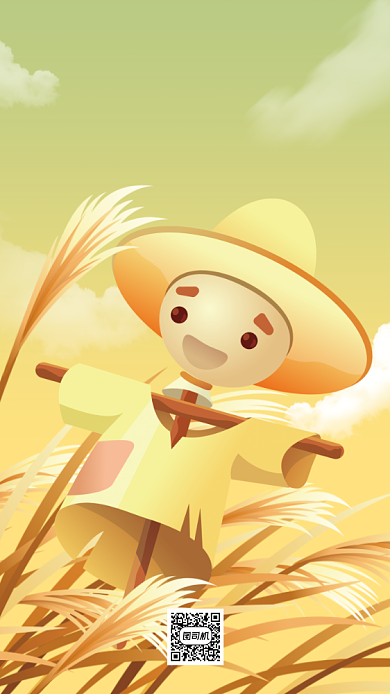 秋分节气稻草人插画手机海报背景