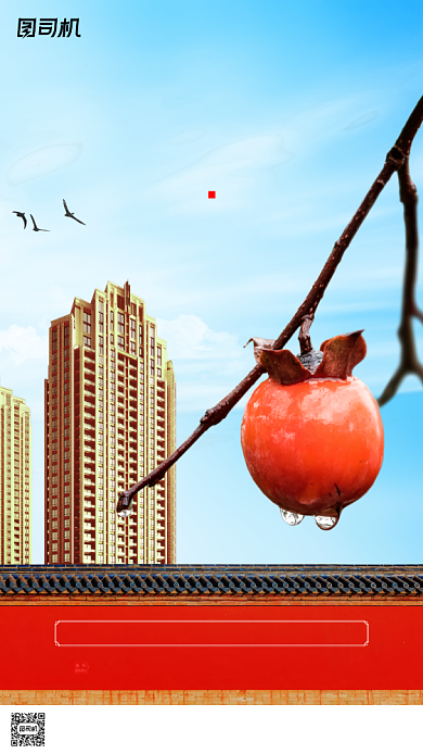 霜降节气房地产宣传柿子简约手机海报背景