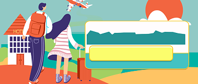 卡通插画情侣出游景点推荐公众号首图背景