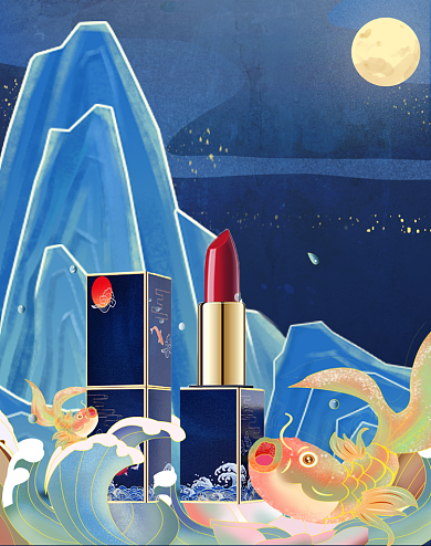 水墨鎏金国潮风化妆品口红竖版海报背景