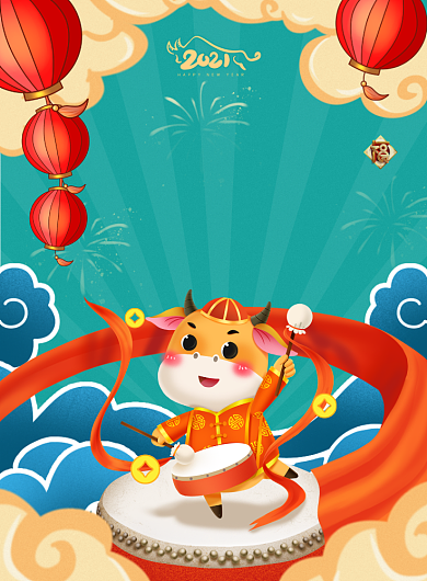 绿色国潮牛年春节新春大吉海报背景